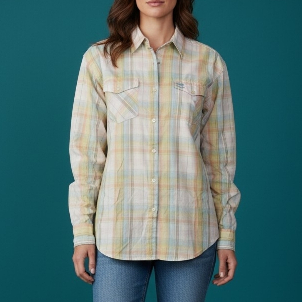 Vtg TWENTY X 1980s Yellow Plaid Button Down Western Cowgirl Shirt